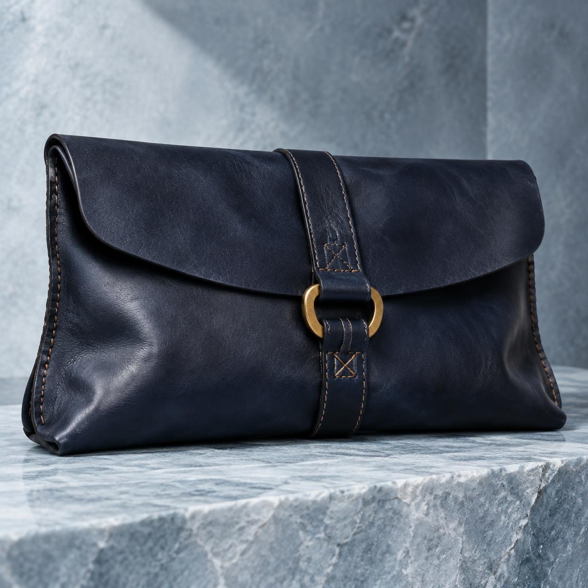 Midnight leather clutch with brass hardware