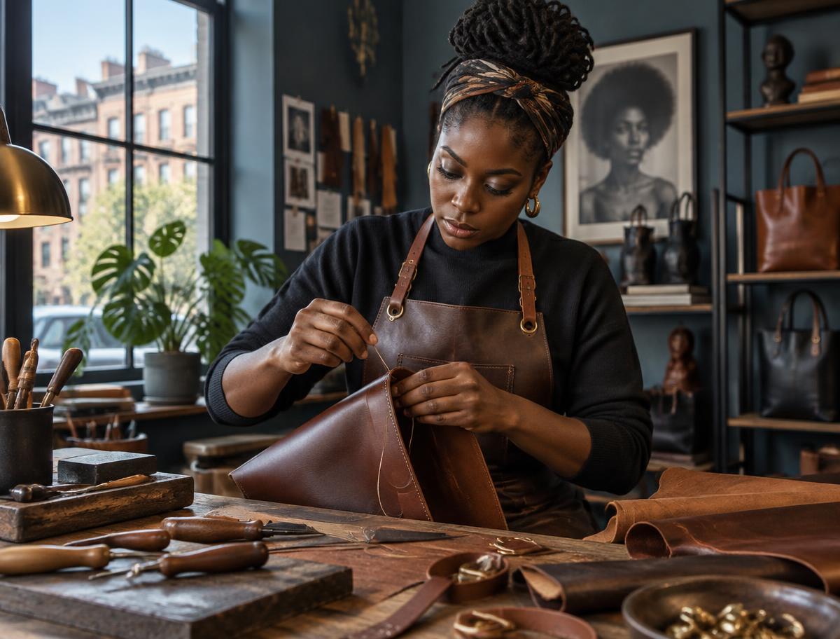 Leather artisan hand-stitching in her workshop